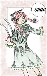 1girl animal_ears bow braid breasts cat_ears cat_girl cat_tail character_name commentary copyright_name dress fang fingernails green_dress hair_bow highres insight_jinro kaenbyou_rin long_fingernails long_sleeves looking_at_viewer miso_konbu multiple_tails open_mouth recolored red_eyes red_hair red_nails side_braids solo speech_bubble tail touhou twin_braids two_tails