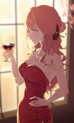 4girls absurdres alcohol aru_(blue_archive) aru_(dress)_(blue_archive) blue_archive blurry blurry_background blurry_foreground blush breasts brown_horns cameo cleavage commentary_request cup demon_horns diamond_earrings diamond_necklace dress drinking_glass earrings flower glass gloves grey_halo halo hand_on_own_hip highres hokori1207 holding holding_cup horns jewelry long_hair looking_at_viewer medium_breasts multiple_girls official_alternate_costume out_of_frame pink_eyes pink_hair pink_halo problem_solver_68_(blue_archive) puckered_lips purple_halo red_dress red_flower red_halo red_rose rose sideways_glance solo wavy_ends white_gloves window wine wine_glass