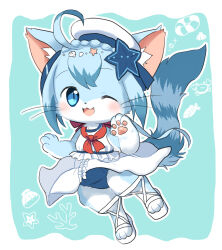 1girl :3 ahoge akurara_(cat_busters) animal_ear_fluff animal_ears animal_feet animal_hands blue_eyes blue_fur blue_hair blue_one-piece_swimsuit blush braid camisole cat_busters cat_ears cat_girl commentary_request crown_braid digitigrade furry furry_female hair_ornament hat one-piece_swimsuit one_eye_closed open_mouth short_hair sidelocks skirt solo star_(symbol) star_hair_ornament swimsuit tail upskirt wataboshi whiskers white_camisole white_hat white_skirt