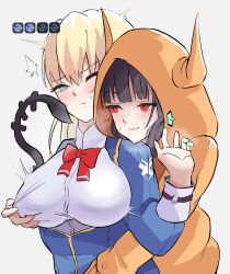 2girls asakura_karen_(heaven_burns_red) black_hair blonde_hair blue_jacket bow breast_cutout green_eyes heaven_burns_red highres hood hood_up hooded_jacket hug hug_from_behind jacket long_hair long_sleeves multiple_girls nipple_stimulation red_bow red_eyes tail terulion1192 toujou_tsukasa twintails yuri