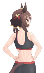 1girl absurdres alternate_costume animal_ears ass back bare_shoulders black_leggings black_sports_bra braid braided_hair_rings breasts brown_hair cai_ji_(user_jmrv4342) closed_mouth clothing_cutout commentary_request ear_covers ear_ornament from_behind gentildonna_(umamusume) hair_rings hands_on_own_hips highres horse_ears horse_girl horse_tail lats leggings medium_breasts medium_hair midriff red_eyes revision simple_background smile solo sports_bra tail tail_through_clothes toned toned_female umamusume white_background