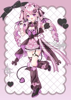 Rule 34 | 1girl, absurdres, azarashi6, black choker, black gloves, blush, boots, bow, breasts, choker, cleavage, cleavage cutout, clothing cutout, commentary request, demon tail, demon wings, dress, drill hair, facial mark, fingerless gloves, frills, full body, gloves, hair between eyes, hair bow, hair ornament, headdress, heart, heart facial mark, high heel boots, high heels, highres, holding, holding microphone, indie utaite, kyopipi, long hair, looking at viewer, loose socks, medium breasts, microphone, open mouth, pink dress, pink hair, pink thighhighs, purple eyes, ribbon, short sleeves, single thighhigh, smile, socks, solo, tail, thigh strap, thighhighs, twin drills, twintails, utaite, wings