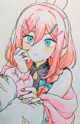 1girl animal_ear_headphones animal_ears aqua_eyes aubrey_(birthday)_(omori) aubrey_(faraway)_(omori) aubrey_(omori) black_shirt blue_bow blue_pants bow braid closed_mouth commentary denim double-parted_bangs fake_animal_ears feet_out_of_frame frown green_nails grey_background hair_between_eyes hair_bow hair_ornament hand_on_own_cheek hand_on_own_face hand_on_own_knee hatching_(texture) headphones highres jacket jacket_partially_removed jeans jewelry knees_up long_hair long_sleeves looking_at_viewer mimn_(kdjgxrt1xt69701) multicolored_nails official_alternate_costume official_alternate_hairstyle omori pants pink_hair pink_jacket pink_nails puffy_long_sleeves puffy_sleeves rabbit_ear_headphones red_nails ring shirt simple_background single_bare_shoulder sitting sleeveless sleeveless_shirt solo symbol-only_commentary torn_clothes torn_pants traditional_media twin_braids