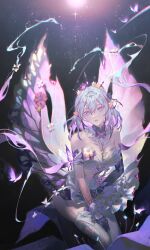 1girl absurdres asymmetrical_gloves black_background black_tiara breasts castorice_(honkai:_star_rail) commentary dress elbow_gloves flower garter_straps gloves hair_flower hair_ornament highres honkai:_star_rail honkai_(series) large_breasts long_hair pantyhose pointy_ears purple_eyes purple_gloves purple_hair single_leg_pantyhose single_thighhigh solo tamaki_(tamaki599) thighhighs thighs tiara uneven_gloves white_dress white_garter_straps white_pantyhose white_thighhighs