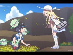 1boy 1girl agata_(agatha) backpack bad_id bad_twitter_id bag baseball_cap black_hair blonde_hair braid closed_eyes cloud cottonee creatures_(company) day dress duffel_bag elio_(pokemon) flower from_side game_freak gen_5_pokemon hat letterboxed lillie_(pokemon) long_hair nintendo open_mouth outdoors pokemon pokemon_(creature) pokemon_sm shirt short_hair sky sleeveless sleeveless_dress standing striped_clothes striped_shirt sun_hat twin_braids white_dress white_hat z-ring