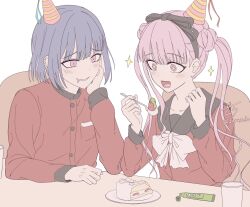 1boy arm_on_table black_bow black_hairband black_sailor_collar blush bow breast_pocket brother_and_sister cake cake_slice cup double_bun food hair_bun hairband hand_on_own_face hat highres holding jacket long_hair party_hat pink_hair pocket purple_hair red_jacket red_shirt sailor_collar saliva shirt short_hair siblings sitting smile sparkle sparkling_eyes strawberry_cake teeth the_hundred_line_-last_defense_academy- tsukumo_ima tsukumo_kako twins twintails twitter_username white_bow zarazado
