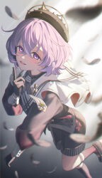 Rule 34 | 1boy, :d, absurdres, androgynous, black feathers, black gloves, black shorts, crossed bangs, double-parted bangs, ensemble stars!, feathers, gloves, hair between eyes, hanamura fuyume, highres, jewelry, light blush, looking at viewer, male focus, necklace, open mouth, pearl necklace, purple eyes, purple hair, red socks, short hair, shorts, smile, socks, solo, yoshio tachi