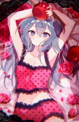 Rule 34 | alternate costume, alternate eye color, alternate hair color, alternate hairstyle, apple, armpits, arms up, bed sheet, black lace trim, blue eyes, blue hair, breasts, camisole, cleavage, collarbone, double-parted bangs, flower, food, fruit, hair between eyes, hatsune miku, heart, heart-shaped pillow, highres, holding, holding food, holding fruit, lace, lace-trimmed camisole, lace-trimmed panties, lace trim, long hair, long sidelocks, looking at viewer, lying, midriff, navel, on back, panties, pillow, pink camisole, pink panties, polka dot, polka dot camisole, polka dot panties, red flower, red rose, romeo to cinderella (vocaloid), rose, sidelocks, small breasts, tearing up, tears, underwear, upper body, vocaloid, zar6vnffxk22155