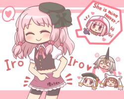 5girls :d =_= bad_id bad_twitter_id bike_shorts black_hat black_shorts blunt_bangs blush bow brown_hair cloak closed_eyes closed_mouth frilled_skirt frills grey_hair hair_ornament hat heart hiiragi_nemu hood hood_up hooded_cloak horns kureha_yuna kyubey_(cosplay) long_hair magia_record:_mahou_shoujo_madoka_magica_gaiden magical_girl mahou_shoujo_madoka_magica midriff multiple_girls no_nose open_mouth pink_eyes pink_hair pink_skirt puffy_short_sleeves puffy_sleeves reverse_(bluefencer) ribbon satomi_touka shirt short_hair short_sleeves shorts siblings single_horn sisters skirt smile soul_gem speech_bubble spoken_heart tamaki_iroha tamaki_ui v-shaped_eyebrows vest white_shirt