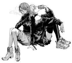 2girls alcohol back-to-back beer can cigarette drink_can drinking funa2001 glasses greyscale hair_rings highres monochrome multiple_girls nanakusa_nazuna_(yofukashi_no_uta) shoes short_hair sitting smoking sneakers thighhighs turtleneck uguisu_anko yofukashi_no_uta