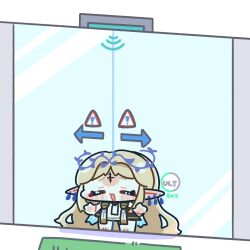 1girl against_glass barefoot blonde_hair cartethyia_(wuthering_waves) chibi chibi_only closed_eyes ear_piercing gameplay_mechanics highres long_hair piercing pointy_ears sidelocks solo syurikenmaru tacet_mark_(wuthering_waves) very_long_hair wuthering_waves