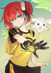 aiba_ami black_eyes blue_eyes digimon gloves happy highres horn red_hair smile terriermon