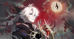 Rule 34 | 1boy, 66034291, absurdres, antenna hair, armor, black cloak, blue eyes, chinese commentary, clawed gauntlets, cloak, commentary request, coreflame (honkai: star rail), crystal, dark persona, flame reaver of the deepest dark, highres, holding, holding crystal, honkai: star rail, honkai (series), hood, hood up, hooded cloak, liquid gold, looking at object, male focus, parted lips, phainon (honkai: star rail), short hair, shoulder armor, solo, turtleneck, white hair