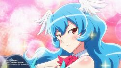 1girl animated animated_gif blue_hair blush breasts cleavage closed_mouth etotama feathers glitter head_wings knees_up large_breasts leotard light_smile long_hair looking_at_viewer looping_animation necktie piyo-tan playboy_bunny red_eyes serious smile solo third-party_edit universal_studios very_long_hair wings