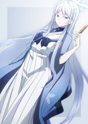 1girl absurdres blue_archive blue_haori closed_mouth colored_eyelashes food grey_eyes hair_ornament halo haori highres holding holding_skewer japanese_clothes long_hair looking_at_viewer nagusa_(blue_archive) pleated_skirt sailor_collar school_uniform serafuku shirt skewer skirt sleeveless sleeveless_shirt smile snowflake_hair_ornament solo to_(tototo_tk) white_hair white_halo white_sailor_collar white_serafuku white_skirt yakitori