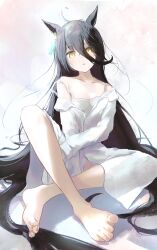 1girl absurdres animal_ears bare_shoulders barefoot black_hair breasts camisole collarbone crossed_legs ear_tag earrings hair_between_eyes hair_spread_out highres horse_ears horse_girl jewelry l_kirschblute long_bangs long_hair long_hair_between_eyes long_sleeves looking_at_viewer manhattan_cafe_(umamusume) multicolored_hair off_shoulder open_mouth shirt simple_background single_earring sitting sleeves_past_wrists small_breasts solo strap_slip umamusume very_long_hair white_background white_camisole white_hair white_shirt yellow_eyes