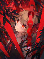 1girl bamboo black_vest blonde_hair collared_shirt commentary_request hair_ribbon looking_up red_eyes red_ribbon ribbon rumia shirt short_hair signature solo tanabata tanzaku touhou toutenkou twitter_username upper_body vest watermark white_shirt