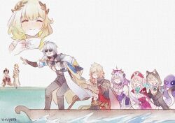 Rule 34 | 1other, 2boys, 4girls, aglaea (honkai: star rail), anger vein, animal ears, aqua hair, armor, artist name, bare shoulders, black hood, black jacket, blonde hair, boat, castorice (honkai: star rail), cat ears, cat tail, cipher (honkai: star rail), closed eyes, crack, cup, dress, drill hair, gauntlets, gradient hair, grey hair, grey pants, hat, highres, holding, holding cup, honkai: star rail, honkai (series), hood, hood up, hooded jacket, hyacine (honkai: star rail), jacket, long hair, medium hair, multicolored hair, multiple boys, multiple girls, mydei (honkai: star rail), pants, phainon (honkai: star rail), pink dress, pink hair, pink hat, purple hair, rowboat, rowing, short hair, shoulder armor, simple background, smile, spirithief bartholos (honkai: star rail), sunglasses, tail, teacup, tiara, twin drills, two-tone hair, utsuyeet, water, watercraft, white dress, white hair, white jacket