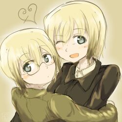 2girls black_jacket blonde_hair blue_eyes erica_hartmann glasses green_jacket heart highres hug jacket military military_uniform multiple_girls one_eye_closed open_mouth pondo_(peng-model) short_hair simple_background sketch strike_witches strike_witches:_suomus_misfits_squadron upper_body ursula_hartmann world_witches_series