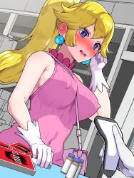 1girl 1other bare_shoulders blonde_hair blue_eyes blush boris_(noborhys) breasts buying_condoms condom_box convenience_store covered_erect_nipples covered_navel embarrassed gloves highres indoors large_breasts looking_ahead mario_(series) nintendo open_mouth ponytail princess_peach ribbed_shirt shirt shop sleeveless sleeveless_shirt solo solo_focus white_gloves