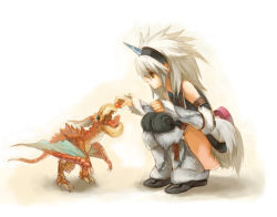 Rule 34 | 1girl, aged down, brown eyes, capcom, dragon, feeding, female focus, grey hair, hairband, horns, jimu kaji, kajimiya (kaji), kirin (armor), monster hunter (series), single horn, solo, squatting, thighhighs, yian kut-ku