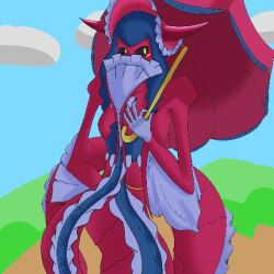 anyme_studio black_sclera blue_hair colored_sclera covered_mouth digimon digimon_(creature) hat horns lamia lamiamon long_hair looking_at_viewer monster_girl parasol ribbon umbrella yellow_eyes