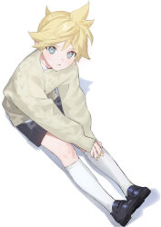Rule 34 | 1boy, black shoes, black shorts, blonde hair, blue eyes, collared shirt, hair between eyes, highres, kagamine len, long sleeves, looking at viewer, looking up, male focus, naoko (naonocoto), open mouth, puffy long sleeves, puffy sleeves, shadow, shirt, shoes, short hair, shorts, simple background, sitting, socks, solo, sweater, vocaloid, white background, white shirt, white socks, wing collar, yellow sweater