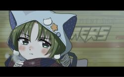 1girl anzu_yoshihiro blush breath closed_mouth dejiko di_gi_charat eyelashes gamers_(store) green_eyes green_hair hat hat_with_ears highres hood hood_up letterboxed looking_at_viewer outdoors scarf short_hair solo winter
