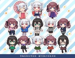 &gt;o&lt; 6+girls :3 :d :o ;) ^_^ binchou_maguro black-framed_eyewear black_boots black_dress black_hair black_pantyhose black_ribbon black_shoes black_thighhighs blue_background blue_jacket blue_pants blue_skirt blush boots bottle bow bowtie braid brown_boots brown_hair brown_shoes cevio chibi chibi_only clipboard closed_eyes closed_mouth commentary_request double_bun dress facing_viewer full_body glasses green_dress green_eyes grey_hair grey_jacket grey_pants hair_bow hair_bun hair_ornament hair_ribbon hairclip hakama hakama_skirt hanakuma_chifuyu hand_up heart heart_hands holding holding_bottle holding_clipboard holding_umbrella jacket japanese_clothes kimono koharu_rikka lace-up_boots long_sleeves looking_at_viewer multiple_girls multiple_persona natsuki_karin oil-paper_umbrella one_eye_closed open_clothes open_jacket open_mouth outline own_hands_together pants pantyhose pink_bow pink_bowtie pink_eyes pink_kimono pink_shirt pink_shoes pink_umbrella pleated_skirt puckered_lips purple_bow purple_bowtie purple_eyes purple_hakama red_hakama red_jacket ribbon shirt shoes short_hair short_sleeves skirt smile socks standing star_(symbol) striped_background synthesizer_v thighhighs translation_request twin_braids twintails umbrella whistle white_background white_bow white_kimono white_outline white_pants white_shirt white_socks wide_sleeves yarn yarn_ball