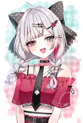 1girl absurdres bare_shoulders belt black_belt black_bow black_collar black_necktie blush bow collar crop_top grey_eyes grey_hair hair_bow hair_ornament hairclip hana_s heart heterochromia highres ishigami_nozomi ishigami_nozomi_(1st_costume) looking_at_viewer multicolored_hair necktie nijisanji open_mouth red_eyes red_hair solo teeth two-tone_hair upper_body upper_teeth_only virtual_youtuber