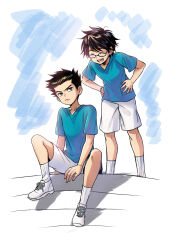 2boys animification batman_(series) black_hair blue_shirt child closed_eyes damian_wayne dc_comics fingernails glasses green_eyes hands_on_own_hips j.2 jonathan_kent multiple_boys open_mouth shirt shoes short_sleeves shorts sitting smile socks super_sons superman_(series) white_footwear white_shorts white_socks