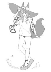1girl absurdres animal_ears armlet bikini bracelet fate/grand_order fate_(series) fox_ears fox_tail hand_on_headwear highres jewelry just_we large_hat long_hair original platform_sandals ribbon sandals shirt smile solo solo_focus swimsuit tail tamamo_(fate) tamamo_no_mae_(swimsuit_lancer)_(fate) tamamo_no_mae_(swimsuit_lancer)_(first_ascension)_(fate) water