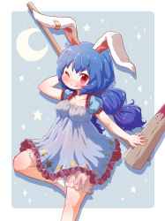 1girl ambiguous_red_liquid animal_ears arinu bloomers blue_background blue_dress blue_hair blush breasts cleavage commentary_request crescent dress earclip female_focus floppy_ears highres holding holding_mallet kine long_hair looking_at_viewer low-tied_long_hair mallet medium_breasts one_eye_closed partial_commentary rabbit_ears red_eyes seiran_(touhou) short_dress smile socks solo stain standing star_(symbol) touhou underwear white_socks