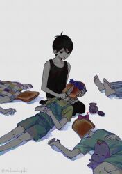 1girl 4boys artist_name aubrey_(headspace)_(omori) aubrey_(omori) basil_(headspace)_(omori) basil_(omori) black_eyes black_hair black_tank_top black_thighhighs blue_overalls blue_shirt bow bread bread_slice closed_mouth collarbone colored_skin expressionless flower food green_shirt head_wreath hero_(headspace)_(omori) hero_(omori) highres holding holding_knife jam jar kel_(headspace)_(omori) kel_(omori) knife long_shirt looking_at_another lying mr._plantegg_(omori) multiple_boys omori omori_(omori) on_back otakurakugaki overall_shorts overalls own_hands_clasped own_hands_together pajamas pink_bow seiza shirt short_hair short_sleeves shorts simple_background sitting striped_clothes striped_shorts stuffed_eggplant stuffed_toy t-shirt tank_top thighhighs toast twitter_username vertical-striped_clothes vertical-striped_shorts white_background white_shorts white_skin