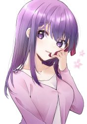 Rule 34 | 1girl, cardigan, cherry blossom print, collarbone, fate/stay night, fate (series), floral print, hair ribbon, highres, light smile, looking at viewer, matou sakura, pink cardigan, purple eyes, purple hair, ribbon, simple background, solo, straight hair, tanka kikurage, upper body
