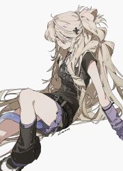 1girl alternate_costume arknights arm_support arm_warmers belt belt_buckle black_belt black_choker black_leg_warmers black_shirt black_shoes blonde_hair breasts buckle chain chain_necklace choker closed_mouth cross cross_hair_ornament cross_necklace hair_ornament highres indigo_(arknights) jewelry leg_warmers long_hair looking_at_viewer medium_breasts messy_hair miniskirt necklace on_floor outstretched_leg plaid_clothes plaid_skirt pleated_skirt pointy_ears ponytail punk purple_arm_warmers purple_eyes purple_skirt shirt shoes short_sleeves simple_background sitting skirt snake_tail solo swept_bangs tail very_long_hair watermark white_background white_shoes zhibuji_loom