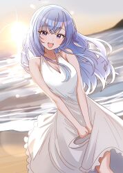 1girl beach blue_hair breasts cleavage collarbone dress evening hair_between_eyes highres idolmaster idolmaster_shiny_colors long_hair looking_at_viewer medium_breasts niban_(puka_0507) ocean open_mouth outdoors purple_eyes sand sleeveless sleeveless_dress smile solo standing suzuki_hana white_dress