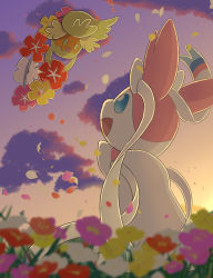 blue_eyes cloud comfey commentary_request creatures_(company) eye_contact flower from_below game_freak gen_6_pokemon gen_7_pokemon green_eyes highres looking_at_another nintendo no_humans open_mouth outdoors petals pokemon pokemon_(creature) rumine_(yoshi1234567) sky smile sylveon twilight