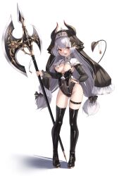 1girl absurdres averting_eyes black_boots black_bow black_bridal_gauntlets black_leotard black_sleeves black_veil blush boots bow breasts breasts_apart bridal_gauntlets commentary demon_tail earrings fingernails floating_earrings full_body gold_trim grey_hair hair_bow highleg highleg_leotard highres holding hong_(vsak3373) horns jewelry leotard long_hair long_sleeves medium_breasts navel open_mouth original red_eyes see-through_clothes see-through_leotard shadow shrug_(clothing) simple_background single_bridal_gauntlet spade_(shape) standing strapless strapless_leotard tail teeth thigh_boots thigh_strap upper_teeth_only veil very_long_hair weapon_request white_background white_shrug