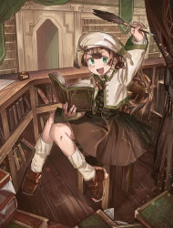 1girl :d bad_id bad_pixiv_id book book_stack braid brown_dress brown_hair brown_shoes curtains dress green_eyes hand_up hat_feather headscarf highres holding holding_book holding_quill inkwell jacket knees_together_feet_apart long_hair long_sleeves looking_at_viewer open_clothes open_jacket open_mouth original quill shichigatsu shoes single_braid sitting smile socks solo stool white_headscarf white_jacket white_socks