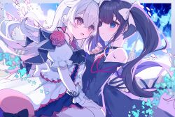 Rule 34 | 2girls, arcaea, back bow, bare shoulders, black bow, black bowtie, black dress, blue hair, blush, border, bow, bowtie, breasts, cleavage, closed mouth, clover 39, crossed bangs, day, dress, flower, grey border, hair between eyes, hair bow, hair intakes, hand on own thigh, highres, hikari (arcaea), hikari (reunion) (arcaea), long hair, long sleeves, multiple girls, open clothes, open mouth, open shirt, outdoors, outside border, pink eyes, puffy short sleeves, puffy sleeves, red flower, red rose, rose, seiza, shirt, shirt over dress, short sleeves, sitting, sitting on lap, sitting on person, small breasts, smile, tairitsu (arcaea), tairitsu (reunion) (arcaea), twintails, white bow, white hair, white shirt, white wrist cuffs, wrist cuffs, yuri