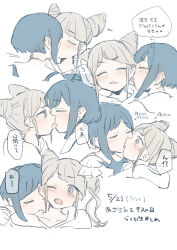 2girls absurdres blonde_hair blue_hair blush closed_eyes commentary_request cone_hair_bun constricted_pupils diagonal_bangs double_bun ear_licking french_kiss fukurai_azami hair_bun hamu_(hamusand) highres kiss licking looking_at_another multiple_girls multiple_views open_mouth profile short_hair simple_background speech_bubble surprised thought_bubble tomarigi_yasumi tongue toshi_densetsu_kaitai_center translation_request upper_body white_background yuri
