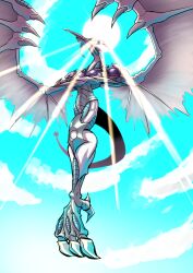 absurdres crossed_arms dragon duel_monster full_body go_madare highres midair no_humans solo stardust_dragon sunlight white_wings wings yu-gi-oh! yu-gi-oh!_5d&#039;s