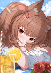 1girl :d angelina_(arknights) angelina_(summer_flower)_(arknights) animal_ear_fluff animal_ears arknights beach_towel blue_sky brown_hair close-up day dot_nose drink drinking_straw fang flower food fox_ears fox_girl fruit glass hair_between_eyes hair_ribbon hibiscus highres ice jewelry lemon lemon_slice lens_flare long_hair looking_at_viewer lying nagi_(nagisanote) necklace open_mouth outdoors red_eyes red_flower red_ribbon ribbon skin_fang sky smile solo swimsuit_cover-up towel twintails upper_body