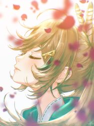 Rule 34 | 1girl, absurdres, ahoge, anversailles, blurry, brown cloak, brown hair, cloak, closed eyes, depth of field, falling petals, feather hair ornament, feathers, from side, hair ornament, hairclip, highres, hololive, hololive english, long hair, nanashi mumei, nanashi mumei (1st costume), parted lips, petals, ponytail, profile, shirt, very long hair, virtual youtuber, white background, white shirt
