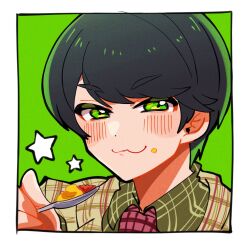 10070414 1boy black_hair border commentary_request food food_on_face green_background green_eyes green_shirt highres holding holding_spoon jacket looking_at_viewer male_focus necktie no.1_sentai_gozyuger plaid_clothes plaid_jacket plaid_necktie plaid_shirt red_necktie shirt short_hair solo spoon star_(symbol) super_sentai takehara_kinjiro thumbs_up tokusatsu upper_body white_border yellow_jacket