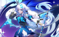 Rule 34 | 1girl, bad source, blue dress, blue eyes, blue hair, cerydra (honkai: star rail), crown, detached sleeves, dress, hair ornament, highres, holding, holding weapon, honkai: star rail, honkai (series), long hair, looking at viewer, solo, star (symbol), tuzi xijiu, very long hair, weapon, white hair, wings
