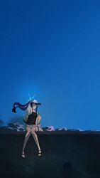 1girl absurdres baseball_cap black_hair black_shirt blue_archive blue_hair blue_halo blue_sky cloud commentary_request halo hand_on_headphones hat headphones highres jacket kani_etizen03 looking_to_the_side multicolored_hair official_alternate_costume saori_(blue_archive) saori_(swimsuit)_(blue_archive) shirt shorts sitting sky solo two-tone_hair