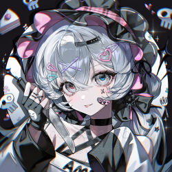1girl bandaid bandaid_on_face black_gloves blue_eyes choker fingerless_gloves fork gloves hair_between_eyes hair_ornament hairclip heart heterochromia highres holding holding_knife jewelry knife long_hair looking_at_viewer luhui original solo tongue tongue_out twintails upper_body white_hair