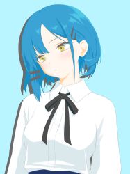 1girl absurdres black_bow blonde_hair blue_background blue_hair bocchi_the_rock! bow hair_ornament highres long_sleeves looking_to_the_side majikichi915 mole mole_under_eye portrait school_uniform shirt short_hair shuka_high_school_uniform side_ponytail white_shirt yamada_ryo yellow_eyes